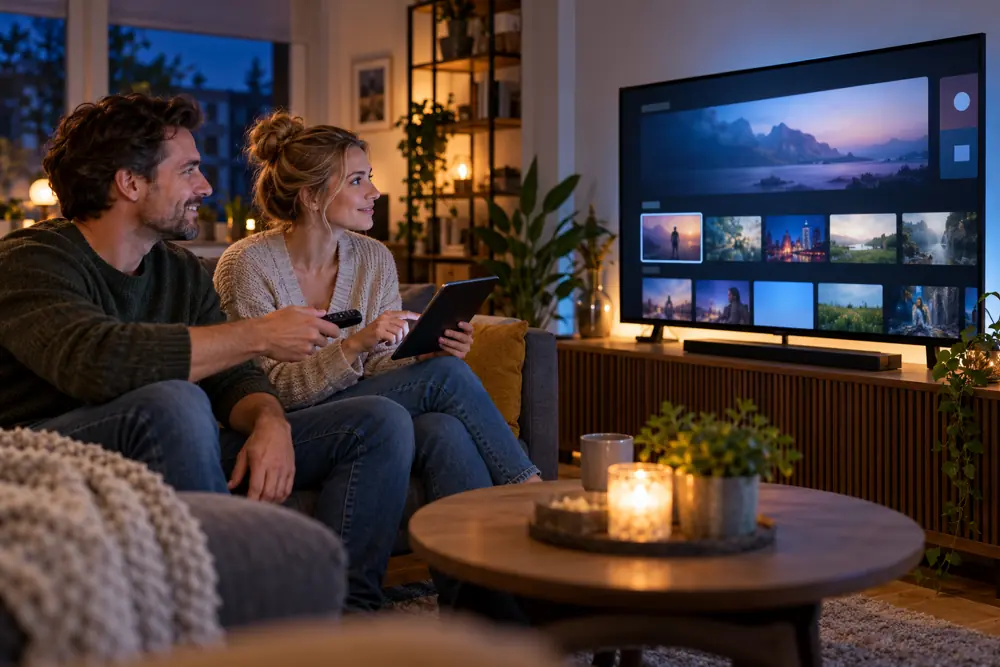 Een huishouden gebruikt een IPTV-speler op het televisiescherm